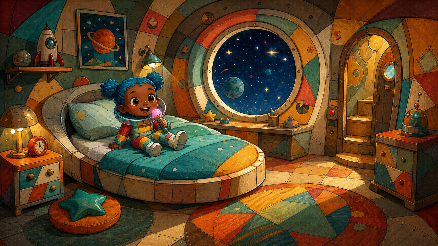 StoryTime illustrated page showing Klodia preparing a birthday surprise in her rocket