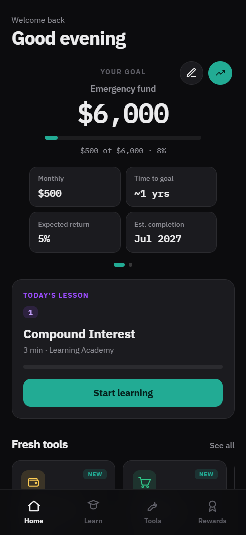 WealthVision home screen with an Emergency fund goal, today's lesson, and tools